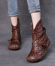 Brown Cowhide Leather Boots Hollow Out Lace Up Splicing