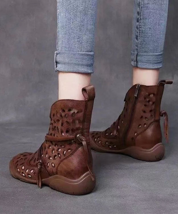 Brown Cowhide Leather Boots Hollow Out Lace Up Splicing