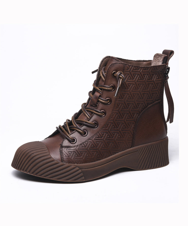 Brown Cowhide Leather Embossed Women Splicing Lace Up Boots