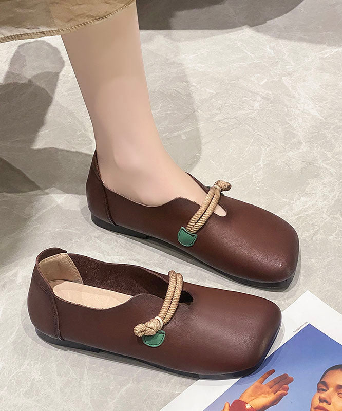 Brown Cowhide Leather Flat Feet Shoes Buckle Strap Flat Feet Shoes