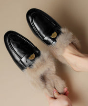 Brown Cowhide Leather Fuzzy Wool Lined Splicing Loafers Slippers