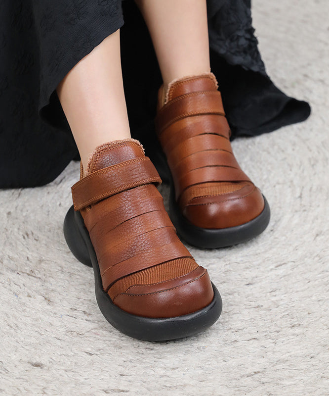 Brown Cowhide Leather Platform Shoes Handmade Retro Splicing