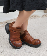 Brown Cowhide Leather Platform Shoes Handmade Retro Splicing