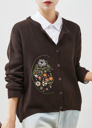 Brown Cozy Knit Cardigan Embroidered Spring