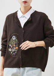 Brown Cozy Knit Cardigan Embroidered Spring