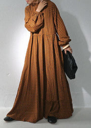 Brown Dot Print Chiffon Maxi Dresses Stand Collar Wrinkled Long Sleeve