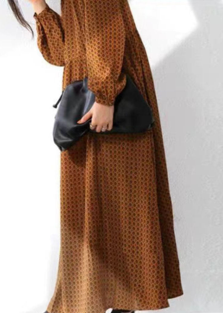 Brown Dot Print Chiffon Maxi Dresses Stand Collar Wrinkled Long Sleeve