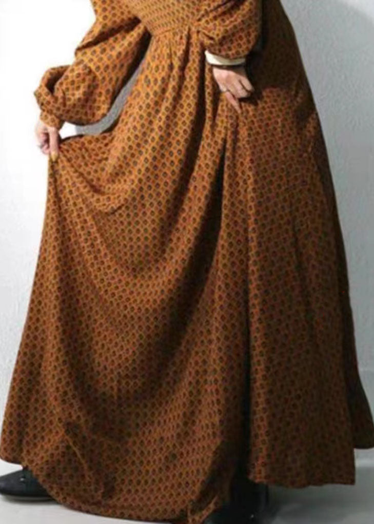 Brown Dot Print Chiffon Maxi Dresses Stand Collar Wrinkled Long Sleeve