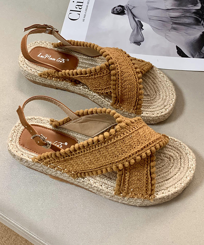 Brown Flat Sandals Knit Fabric Comfy Splicing Peep Toe Buckle Strap