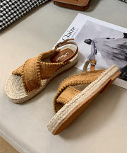 Brown Flat Sandals Knit Fabric Comfy Splicing Peep Toe Buckle Strap