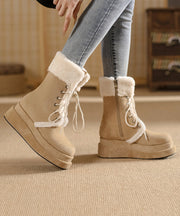 Brown Fuzzy Wool Lined Cross Strap Splicing Platform Boots