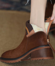 Brown Fuzzy Wool Lined Splicing Zippered Chunky Boots