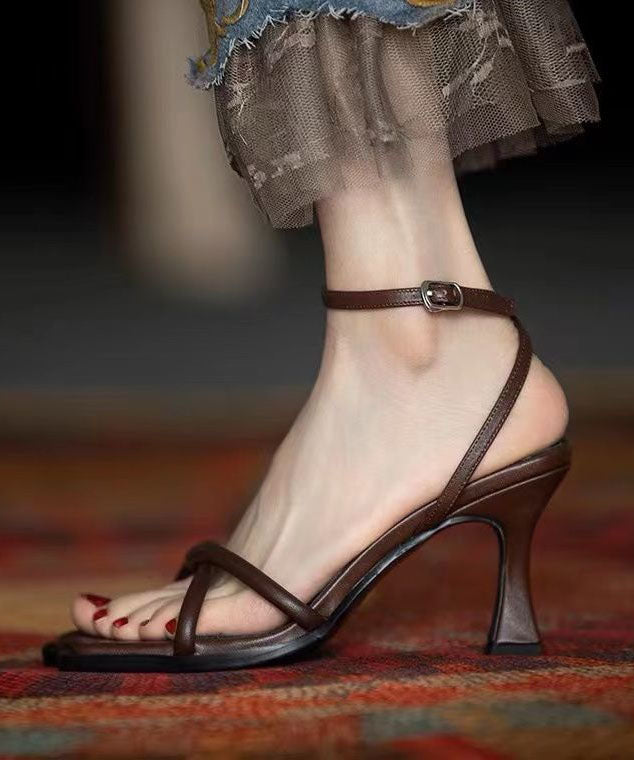 Brown Genuine Leather Stylish Buckle Strap Splicing Sandals Peep Toe