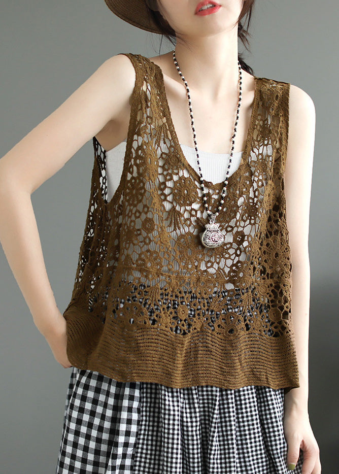 Brown Hollow Out Cotton Beach Vest Summer