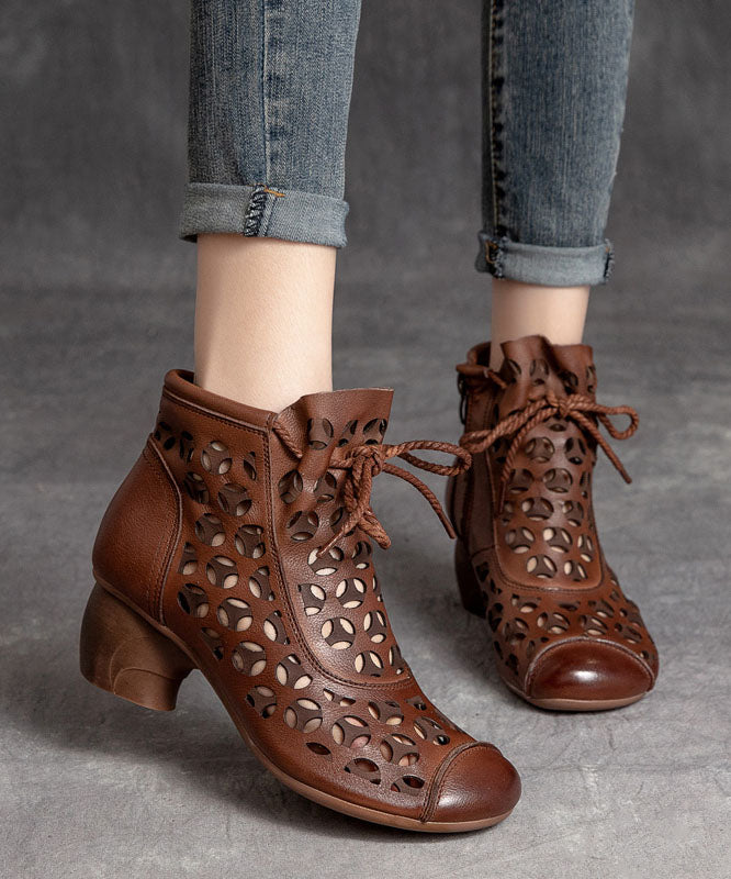 Brown Hollow Out High Heels Chunky Cowhide Leather Fine Lace Up Boots