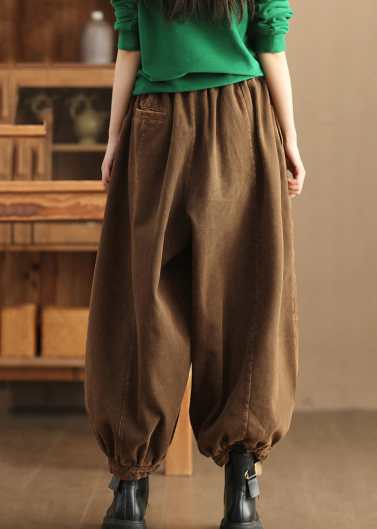 Brown Lace Up Patchwork Fleece Lantern Pants Elastic Waist