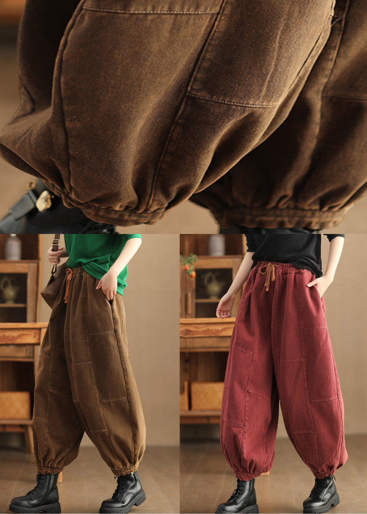 Brown Lace Up Patchwork Fleece Lantern Pants Elastic Waist