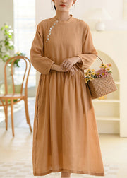 Brown Lace Up Patchwork Linen Long Dress Button Long Sleeve