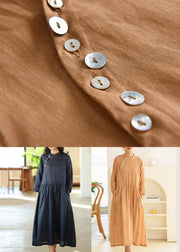 Brown Lace Up Patchwork Linen Long Dress Button Long Sleeve