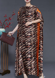 Brown Leopard Print Silk Maxi Dresses Slash Neck Summer