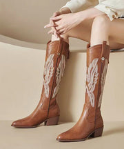 Brown Long Boots Handmade Splicing Embroidery Pointed Toe