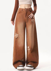 Brown Maillard Wearing Autumn American Retro Star High Waisted Denim Wide Leg Pants