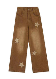 Brown Maillard Wearing Autumn American Retro Star High Waisted Denim Wide Leg Pants