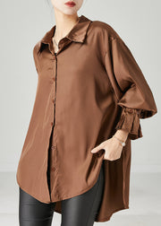 Brown Oversized Chiffon Blouse Low High Design Spring