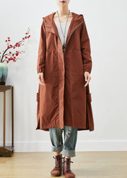 Brown Oversized Spandex Trench Hooded Zippered Fall