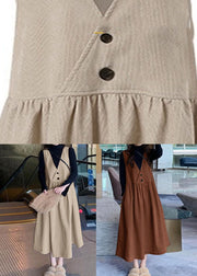 Brown Patchwork Corduroy Dresses V Neck Pockets Sleeveless