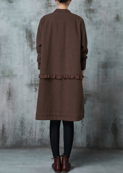 Brown Patchwork Cotton Cardigans Oversized Ruffled Spring