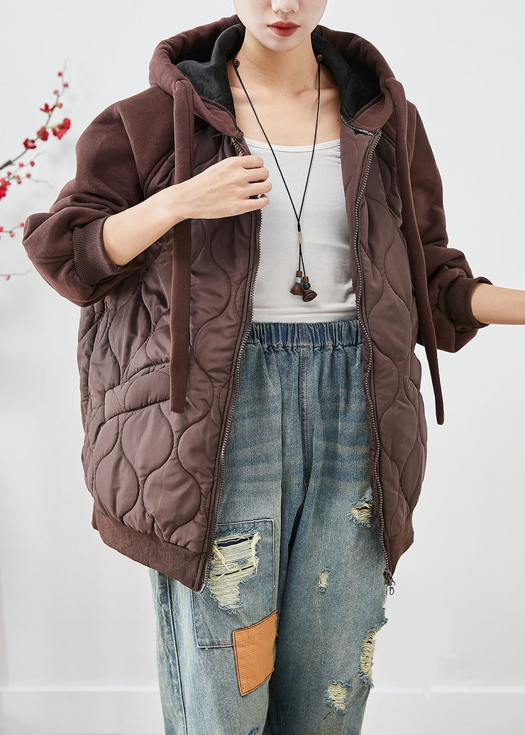 Brown Patchwork Fine Cotton Filled Puffer Jacket Hooded Oversized Winter