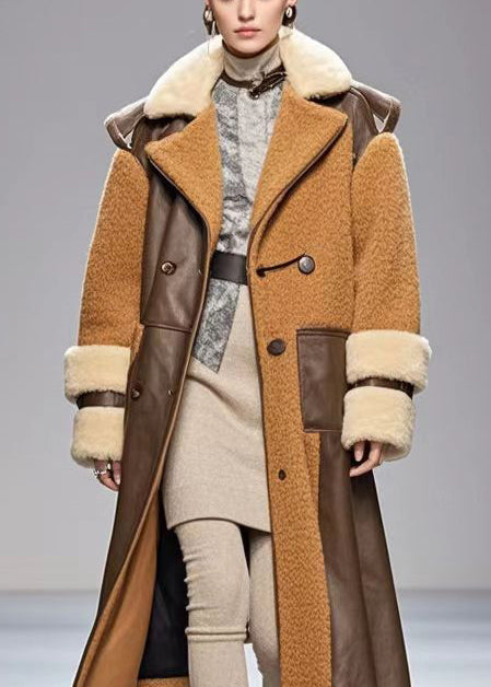 Brown Patchwork Fleece Woolen Coats Oversized Winter