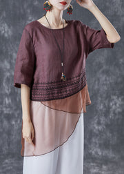 Brown Patchwork Linen Shirts Asymmetrical Embroideried Summer