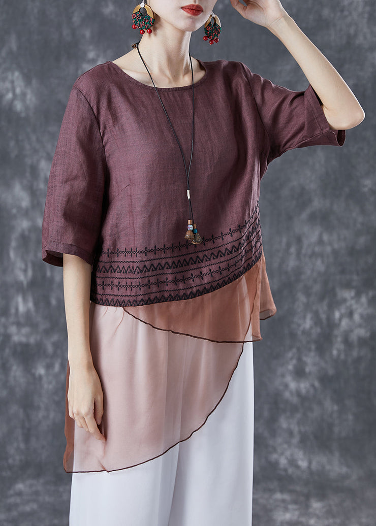 Brown Patchwork Linen Shirts Asymmetrical Embroideried Summer