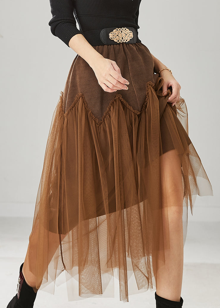 Brown Patchwork Tulle Corduroy Skirt Elastic Waist Spring