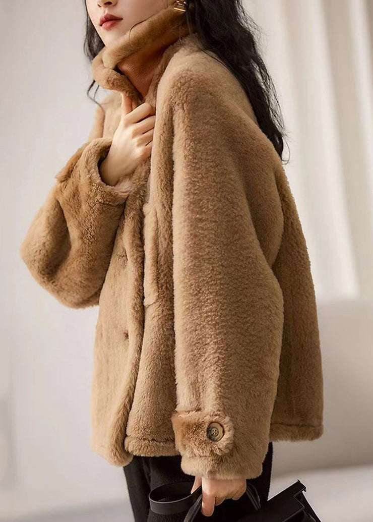 Brown Patchwork Wool Coat Outwear Peter Pan Collar Button Winter