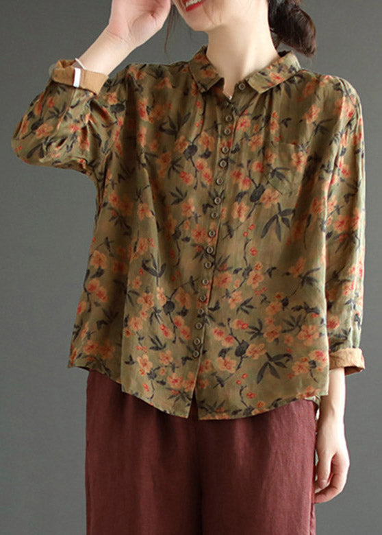 Brown Peter Pan Collar Button Linen Shirt Long Sleeve