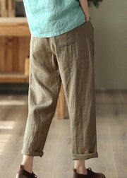 Brown Pockets High Waist Linen Pants Summer