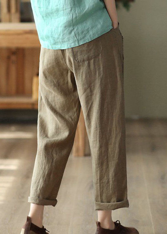 Brown Pockets High Waist Linen Pants Summer