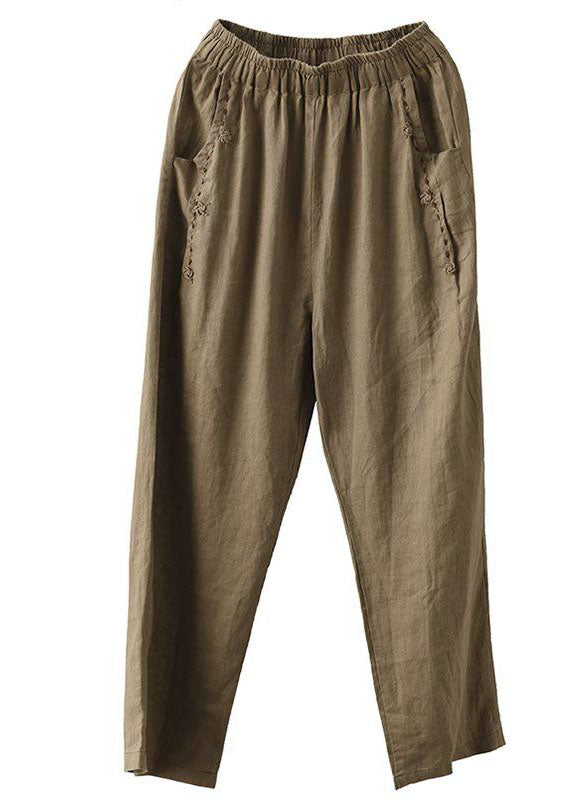 Brown Pockets High Waist Linen Pants Summer