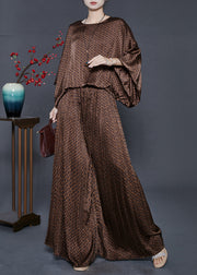 Brown Print Silk Two Pieces Set Oversized Batwing Sleeve