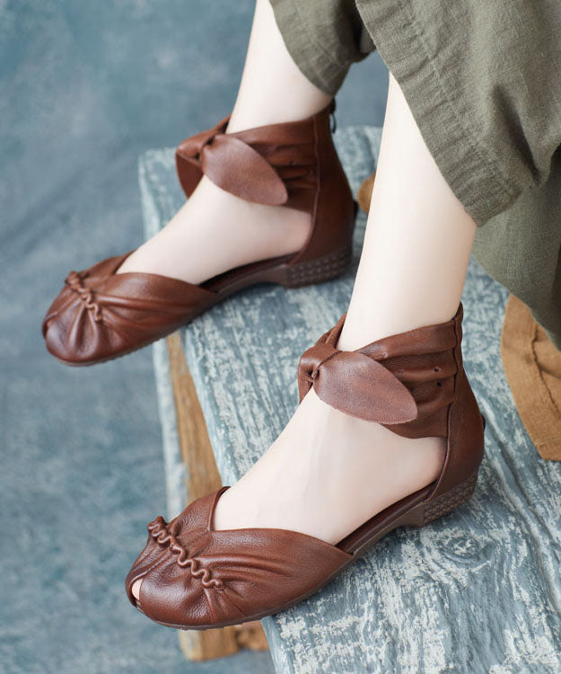 Brown Retro Bow Zippered Splicing Cowhide Leather Hiking Sandals