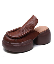 Brown Retro Splicing Cowhide Leather Platform Slide Sandals