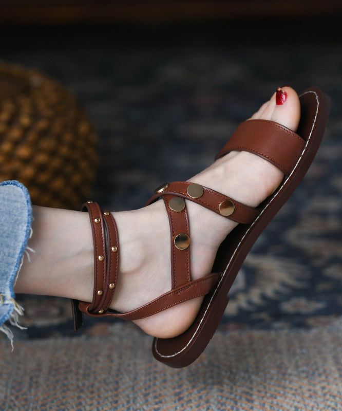 Brown Rivet Splicing Comfy Sandals Peep Toe Buckle Strap Lace Up