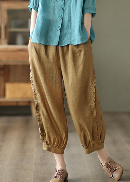 Brown Ruffled Elastic Waist Cozy Crop Pants