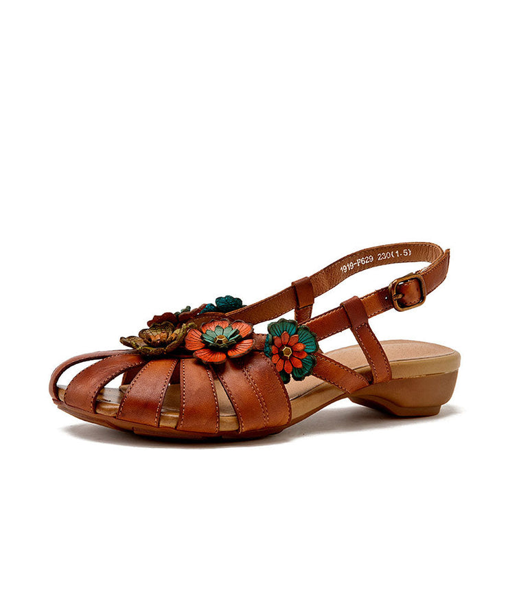 Brown Sandals Splicing Cowhide Leather Hollow Out Buckle Strap Floral