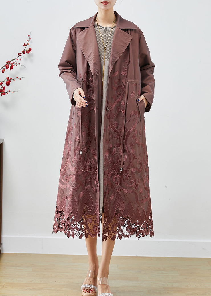 Brown Spandex Trench Coats Embroidered Tie Waist Fall