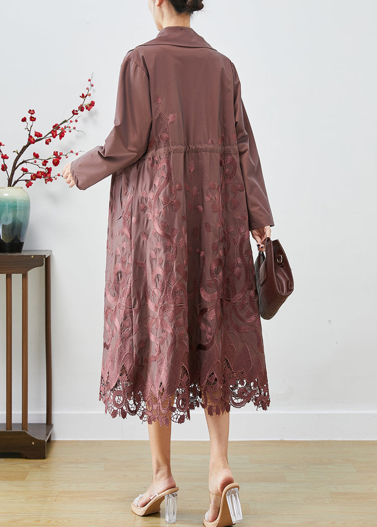 Brown Spandex Trench Coats Embroidered Tie Waist Fall