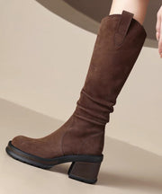 Brown Stylish Splicing Wrinkled Chunky Suede Long Boots